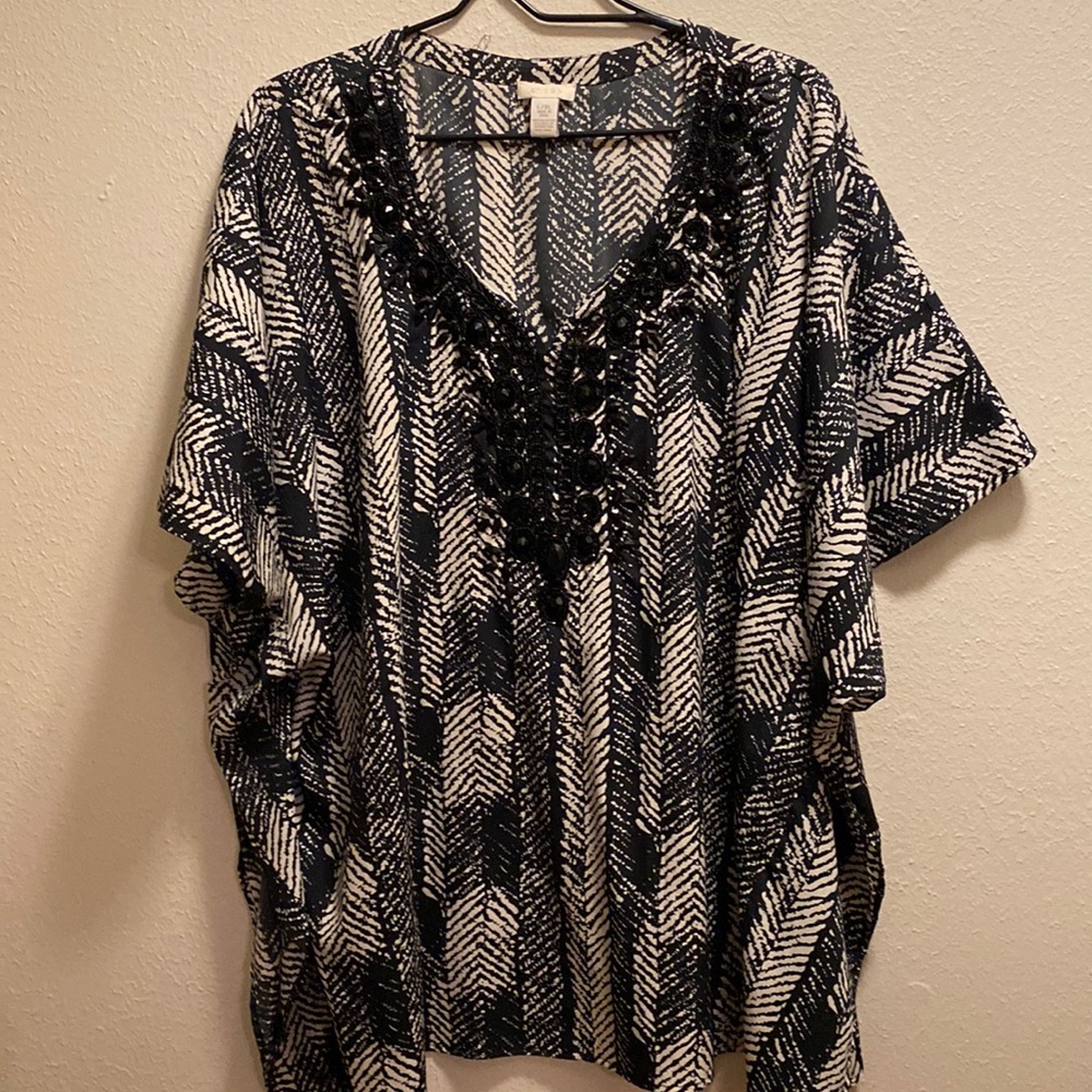 Chicos, black and white print beaded top. Size large/extra large.